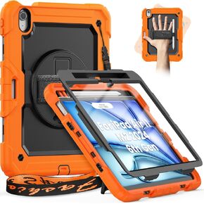 Timecity for iPad Air 11 Inch M2 Case 2024 6th Generation(Model: A2902, A2903, A2904) with Built-in Screen Protector, 360° Rotating Kickstand, Adjustable Hand&Shoulder Strap, Pencil Holder, Orange