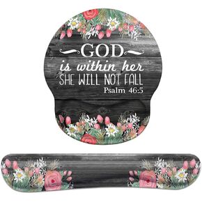 Keyboard Wrist Rest and Mouse Pad Support, Non-Slip PU Base Ergonomic Gaming Mousepad for Home Office Working Studying Easy Typing & Pain Relief - Floral Quote Bible Verses Psalm 46:5