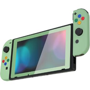 eXtremeRate Soft Touch Joycon Handheld Controller Housing with Colorful Buttons, Custom Replacment Shell Case with Matcha Green Border Tempered Glass Screen Protector for Nintendo Switch Joy-Con