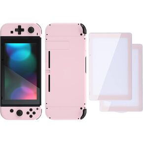 eXtremeRate Colorful Border Screen Protector + Back Plate + Dpad Version NS Joycon Handheld Controller Housing Buttons for Switch, DIY Replacement Shell for Nintendo Switch - Cherry Blossoms Pink