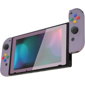 eXtremeRate Soft Touch Joycon Handheld Controller Housing with Colorful Button, Custom Replacment Shell Case with Dark Grayish Violet Border Tempered Glass Screen Protector for Nintendo Switch Joy-Con