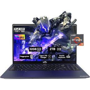 15.6'' FHD Business Gaming-Laptop-Computer - 6 Cores AMD Ryzen 5 6600H, 32GB DDR5 RAM 2TB SSD(Beat i5 12450H, Up to 4.5GHz), 100W Type C, 6 Cores 660M GPU, IPS, Fingerprint, Backlit Keyboard, Numpad