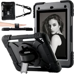 Case for iPad 9.7 6th/5th Gen ، Air 2 ، Pro - غطاء وقائي وعرة مع حامل دوار 360 درجة ، حزام الكتف واليد ، حامل قلم رصاص (أسود+أصفر أخضر)