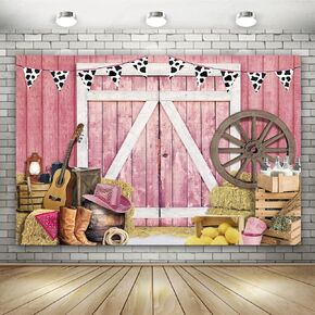 Pink Western Cowboy Backdrop Party Supplies Decorations Happy Birthday Backdrop 7x5Ft Wild West Decor Party Banner Rustic Wooden House Barn Photography Background Polyester Fabric