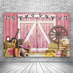 Pink Western Cowboy Backdrop Party Supplies Decorations Happy Birthday Backdrop 7x5Ft Wild West Decor Party Banner Rustic Wooden House Barn Photography Background Polyester Fabric in Kuwait