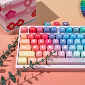 XDA Profile PBT Keycap Set, 132 Keys Rainbow Gradient Custom Keycaps, Cute Dye-Sublimation Round Key Cap for 65% 75% 100% Cherry Gateron MX Switches Mechanical Keyboards