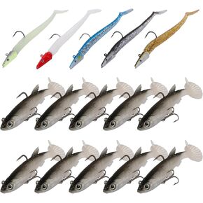 Goture Soft Fishing Lures jig Heads, Saltwater Freshwater Minnow Fishing Bait T Tail with jig Head, Fishing Lure Swim Shad Baits for Bass Fishing 15Pack C