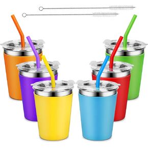 Yummy Sam Stainless Steel Cups with Straws and Lids,12oz Spill-proof Kids Tumblers Dishwasher Safe, Unbreakable Metal Toddler Cups with Heat-insulated Sleeves for Cold and Hot drinks.5 Pack