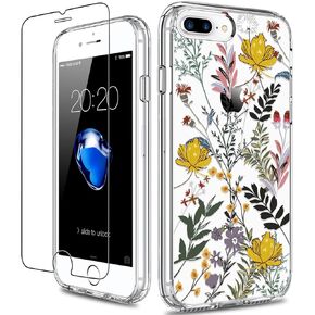 GiiKa for iPhone 8 Plus Case, iPhone 7 Plus Case with Screen Protector, Clear Heavy Duty Protective Case Floral Girls Women Hard Case with TPU Bumper Cover Phone Case for iPhone 8 Plus, Small Flowers