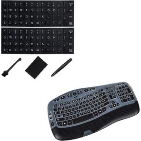 Keyboard Cover for Logitech K350 MK550 MK570 Wireless Wave Keyboard (Black) and Replacement English Keyboard Sticker with White Font on Black Background Universal for Laptop Desktop Computer
