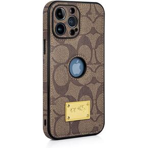 Compatible with iPhone 16 Pro Max Case with Logo View, Built-in Full Camera Lens Protector, Luxury Designer Elegant Shockproof Protective Leather Cover Phone Case for iPhone 16 Pro Max 6.9" Khaki