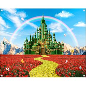 7x5FT Green Castle Wonderland Backdrop, Yellow Brick Road Rainbow Garden Polyester Photography Background for Parties, Emerald Red Flower Photo Booth Prop Decorations