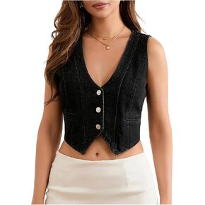 Miqil Women Y2K Button Down Denim Vest Sexy Sleeveless Denim Crop Top Low Cut Strapless Jean Corset Bustier Streetwear in Kuwait