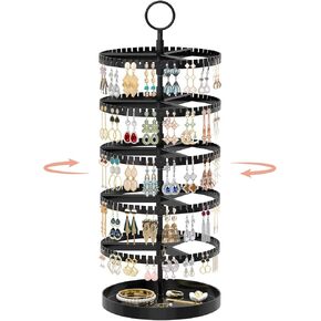 iDavosic.ly 6 Tier Rotating Earring Holder Organizer with Metal Tray, Adjustable Plastic Earring Display Stands Tree with 342 Grooves, Large Earring Storage Rack Tower for Hoop Dangle, Black