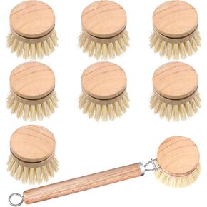 8 Pcs Wooden Dish Brush with Handle Bamboo Scrub Brush for Dishes with Dish Brush Replacement Head Dish Brush for Kitchen Cleaning Dishes