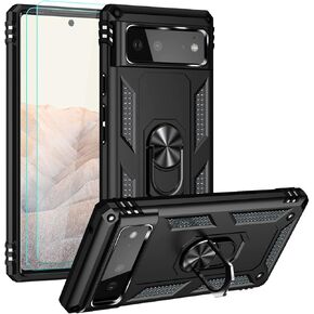 Androgate Designed for Google Pixel 6 Case with HD Screen Protectors, Military-Grade Metal Ring Holder Kickstand 15ft Drop Tested Shockproof Cover Case for Pixel 6 Red