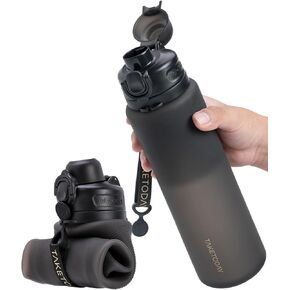 Collapsible Water Bottles 32oz, Foldable Travel Water Bottle with Strap, BPA Free, Silicone Water Bottle Leakproof for Hiking, International Travel, Outdoors (Black)