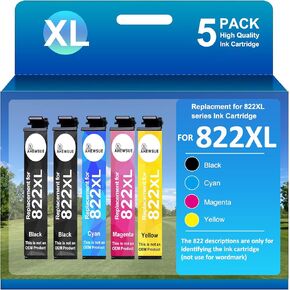 Replacement for 822XL Ink Cartridges Combo Pack for Pro WF-3820 WF-3823 WF-4820 WF-4830 WF-4833 WF-4834 Printer (2B/1C/1M/1Y 5PK) 822 only use for Identification