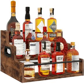 Homode Liquor Bottle Display Shelf, 3 Step Coffee Syrup Rack Organizer, Countertop Liquor Wine Rack, Mini bar, Liquor Cabinet, Home Retro Bar Shelf Stand for Whiskey Alcohol Drink