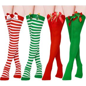 SATINIOR 4 Pairs Christmas Thigh High Socks Striped Over Knee Stockings Red and White Halloween Cosplay Socks for Women