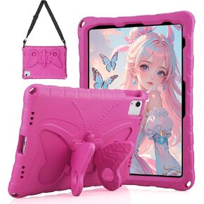 for iPad 10th Generation Case Kids 10th Gen 2022 10.9 Cases with Butterfly Stand Shoulder Strap Cute Cartoon Kawaii for Girls Women Lightweight Design Case for iPad 10th, Rose Red