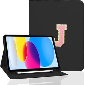 TopPerfekt for iPad 9th Generation 10.2 Inch 2021/2020/2019 Case, Initial Chenille Letter Suture, Personalized iPad 9th/8th/7th Generation Case with Auto Sleep/Wake, Pencil Holder (Rose Red, J)