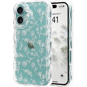 Micoden for iPhone 13 Case, Cute Flower Girls Women Soft Case Silicone Shockproof Curly Wave Wavy Edge Full Camera Protection Cover Pretty Thin Floral Leaf Pattern Phone Case for iPhone 13, Pink