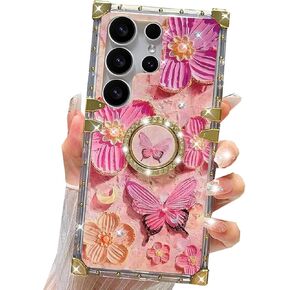 for Samsung Galaxy S25 Ultra Glitter Floral Case, Cute Colorful Retro Oil Painting Printed Flowers with Bling Sparkly Ring Kickstand Shockproof Women Girls Case for Galaxy S25 Ultra,Colorful