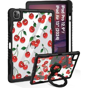 for iPad Pro 12.9 Case for iPad Air 13 Inch M3 2025 & M2 2024 Case - Women Cute Girls with Stand & Pencil Holder Cover Girly Cherry Protective for Apple 12.9 inch for iPad Pro Air 13 2024/2025