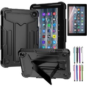 EpicGadget Case for Amazon Fire 7 Tablet (12th Generation, 2022 Released) - Heavy Duty Hybrid Protective Case Cover with Kickstand + 1 Screen Protector and 1 Stylus (Black/Black)