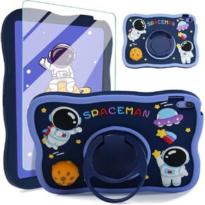 for iPad 10th Gen Case 2022 Kids Silicone Case with Screen Protector,Boy Cute Astronaut Cover Kawaii 3D Cartoon Moon with Rotating Stand/Shoulder Strap,Tablet Cover for iPad 10.9 Inch