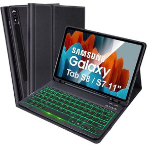 SOPPY Backlit Keyboard Case for Samsung Galaxy Tab S7/S8/S9/S9FE 11 inch, 7 Colors, Rechargeable Detachable Wireless S7/S8/S9/S9FE 11" Slim Keyboard Case with S Pen Holder, Black