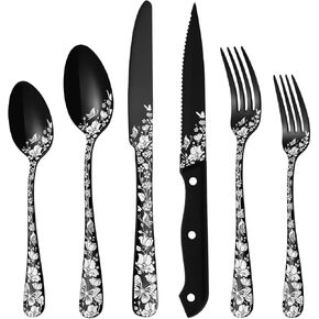 Stapava 48 Pcs Black Silverware Set with Steak Knives, Gorgeous Retro Royal Silverware Set for 8, Stainless Steel Mirror Flatware Cutlery Set, Include Forks Spoons and Knives set, Dishwasher Safe