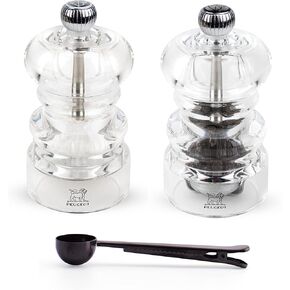 Peugeot Nancy Inch Salt & Pepper Mill Gift Set, Acrylic - With Stainless Steel Spice Scoop/Bag Clip (8.75 Inch)