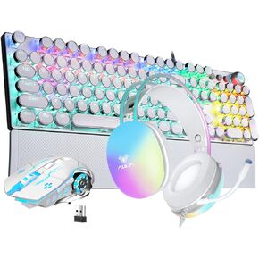 AULA Keyboard Headset Mouse Combo, RGB Rainbow Backlit Keyboard Headset Mouse Bundle, Typewriter Style Mechanical Wired White Gaming keyboard + USB Green PC Gaming Headset with Mic + White Gaming Mous