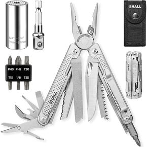 SHALL Multi Tool, 18-in-1 Multitool Pliers, Stainless Steel Multi-tool Pocket Knife w/Screwdriver Bit & Universal Socket, Self-locking Multipurpose Tool w/Sheath for Camping Fishing Survival Hunting