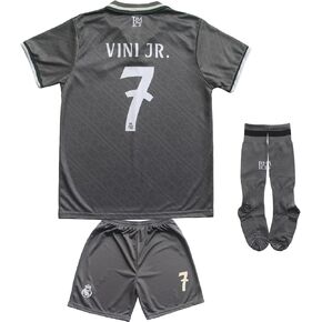 LeenBD Vini Jr. No #7 Madrid Gray Alternative Third Edition Kids Soccer Jersey Shirts Football Futbol Socks Set Youth Sizes