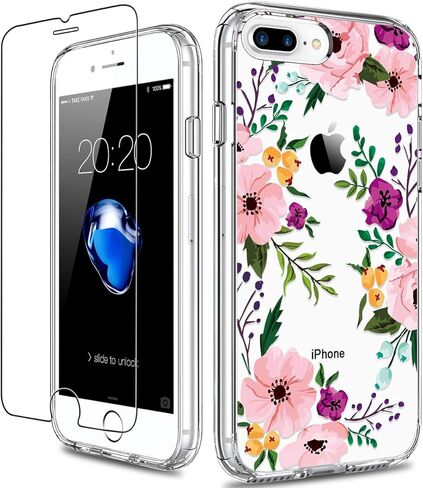 Giika for iPhone 8 Plus Case ، و iPhone 7 Plus Case مع حامي الشاشة ، واضحة في حالة وقائية شديدة التحمل ، فتيات الأزهار الصعبة مع TPU Cover Cover for iPhone 8 Plus ، Flowers Small in Kuwait