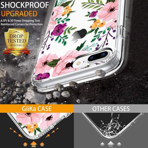 Giika for iPhone 8 Plus Case ، و iPhone 7 Plus Case مع حامي الشاشة ، واضحة في حالة وقائية شديدة التحمل ، فتيات الأزهار الصعبة مع TPU Cover Cover for iPhone 8 Plus ، Flowers Small in Kuwait