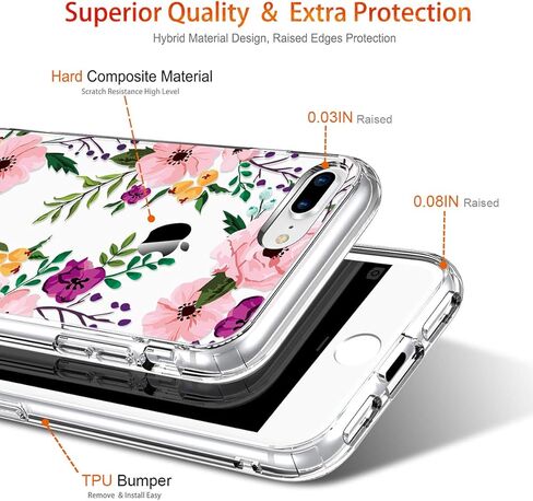 Giika for iPhone 8 Plus Case ، و iPhone 7 Plus Case مع حامي الشاشة ، واضحة في حالة وقائية شديدة التحمل ، فتيات الأزهار الصعبة مع TPU Cover Cover for iPhone 8 Plus ، Flowers Small in Kuwait