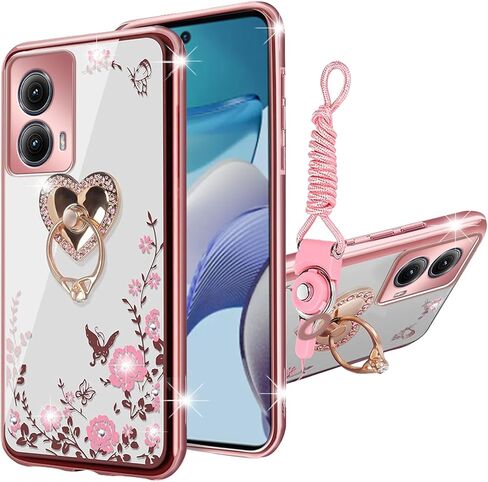 ل Motorola Edge 2024 Case for Womet Glitter TPU TPU الفاخرة الكريستالية الفراشة غطاء واقية من الأزهار الأزهار مع حلقة رينجستاند+حزام علبة هاتف Moto Edge 5G 2024 (Rose Gold) in Kuwait