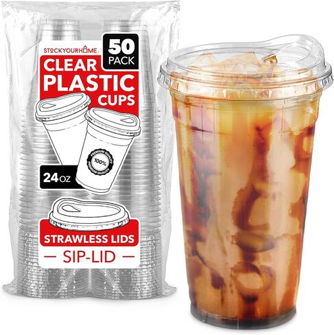 16 oz Clear Plastic Cups with Lids Disposable, Togo Drinking Cup with Strawless Sip Lid for Smoothie, Cold Brew Iced Coffee, Lemonade, Ice Latte, Boba, Party Drinks, Bulk, 16 Ounce (Set of 50) in Kuwait