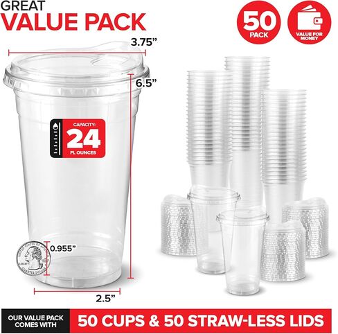 16 oz Clear Plastic Cups with Lids Disposable, Togo Drinking Cup with Strawless Sip Lid for Smoothie, Cold Brew Iced Coffee, Lemonade, Ice Latte, Boba, Party Drinks, Bulk, 16 Ounce (Set of 50) in Kuwait