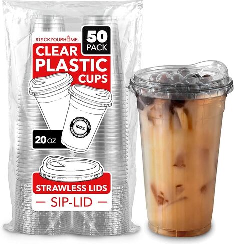 16 oz Clear Plastic Cups with Lids Disposable, Togo Drinking Cup with Strawless Sip Lid for Smoothie, Cold Brew Iced Coffee, Lemonade, Ice Latte, Boba, Party Drinks, Bulk, 16 Ounce (Set of 50) in Kuwait