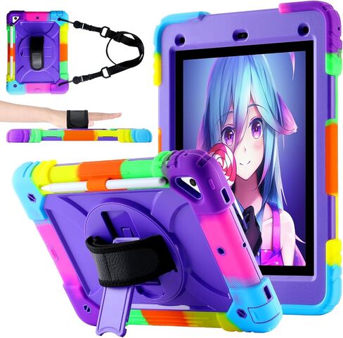 Case for iPad 9.7 6th/5th Gen ، Air 2 ، Pro - غطاء وقائي وعرة مع حامل دوار 360 درجة ، حزام الكتف واليد ، حامل قلم رصاص (أسود+أصفر أخضر) in Saudi Arabia