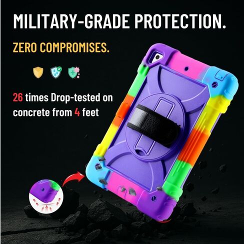 Case for iPad 9.7 6th/5th Gen ، Air 2 ، Pro - غطاء وقائي وعرة مع حامل دوار 360 درجة ، حزام الكتف واليد ، حامل قلم رصاص (أسود+أصفر أخضر) in Saudi Arabia