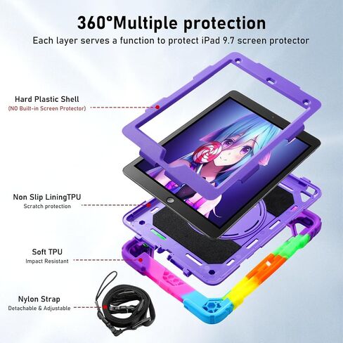 Case for iPad 9.7 6th/5th Gen ، Air 2 ، Pro - غطاء وقائي وعرة مع حامل دوار 360 درجة ، حزام الكتف واليد ، حامل قلم رصاص (أسود+أصفر أخضر) in Saudi Arabia