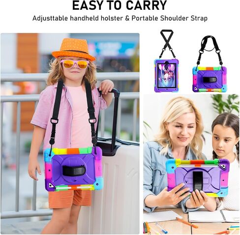 Case for iPad 9.7 6th/5th Gen ، Air 2 ، Pro - غطاء وقائي وعرة مع حامل دوار 360 درجة ، حزام الكتف واليد ، حامل قلم رصاص (أسود+أصفر أخضر) in Saudi Arabia