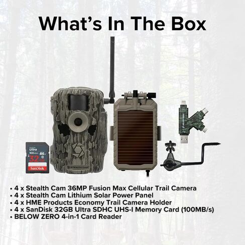 Stealth Cam 36MP Fusion Max Cellular Trail Camera (2-Pack) Bundle with 2X Lithium Solar Power Panel, 2X Trail Camera Holder, 2X 32GB Memory Card, and Card Reader (9 Items) in Saudi Arabia