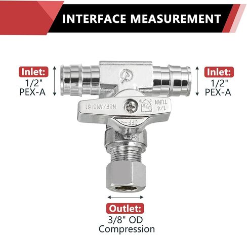 (Pack of 2) EFIELD 1/4-Turn Stop Tee Valve 1/2" Barb Crimp PEX x 1/2" Barb Crimp PEX x 3/8 Inch OD Compression Chrome in Kuwait